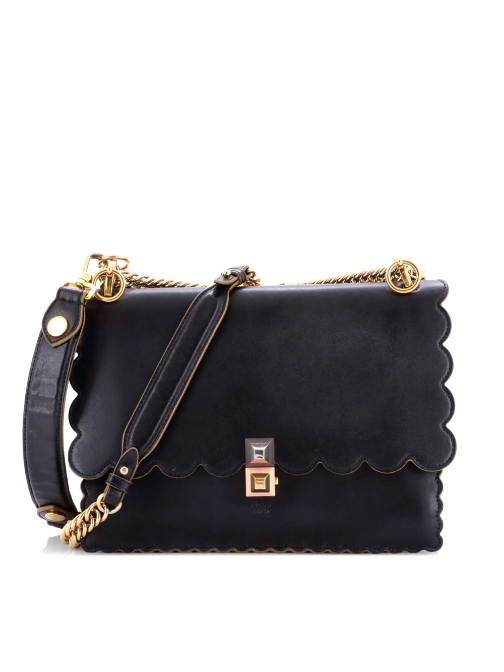 Fendi Vitello Liberty Scalloped Studded Shoulder Bag In Black.
